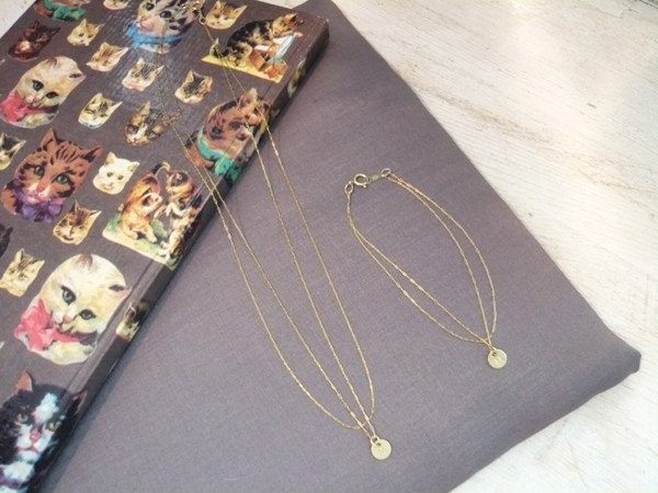 Gold Initial Necklace, 14k Goldfilled Double Chain, Dainty Personalized Hand Stamped Custom Disc Charm, Bridesmaid Necklace