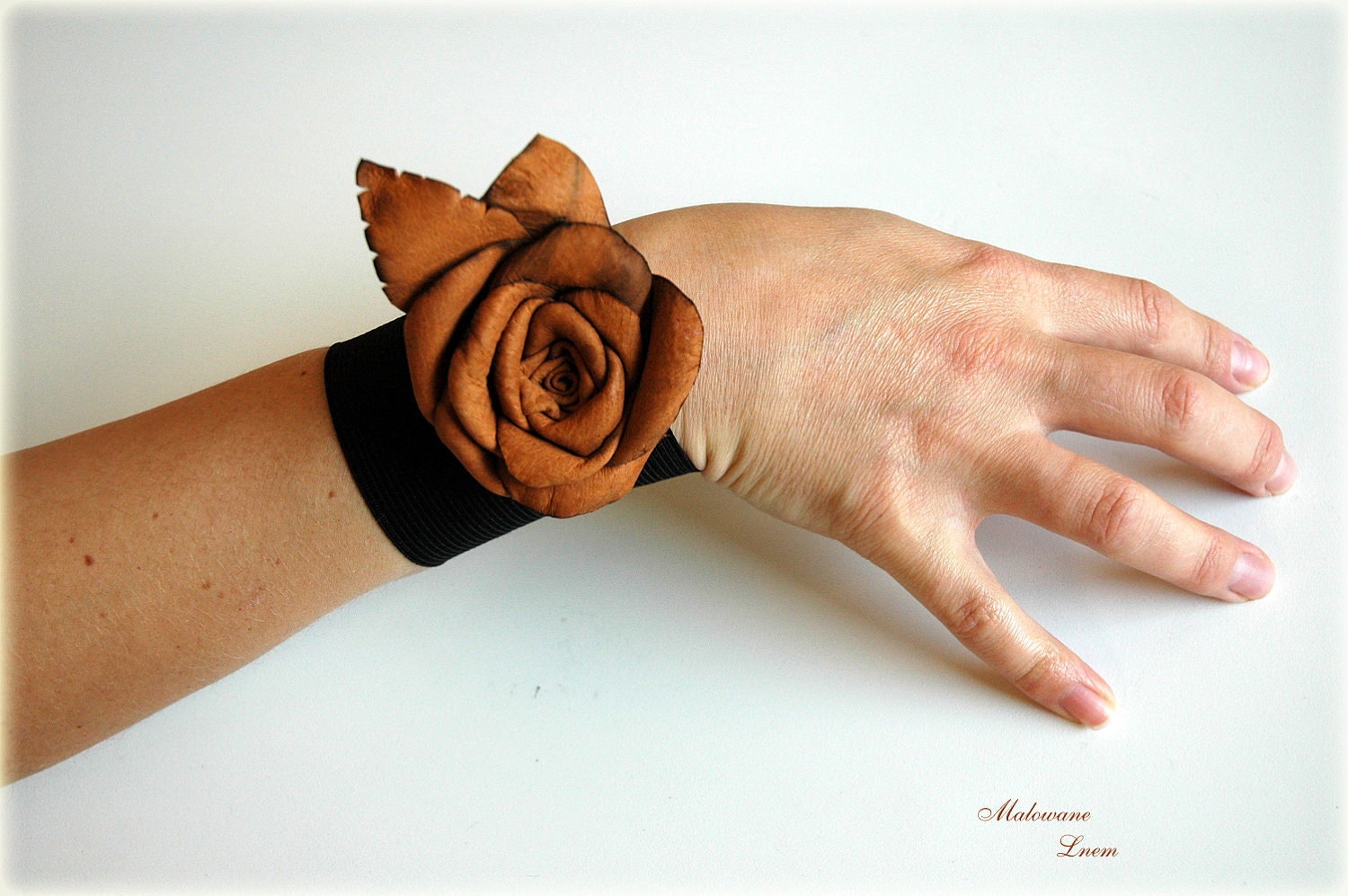 Brown Leather Rose Bracelet Cuff Necklace Brooch Leather Flower Gift vor Her - malowanelnem