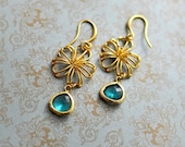 Light Drops Gold Plated Earrings - Light Blue Topaz Crystal and Gold plated Floral component, Bridesmaid, Wedding Jewelry