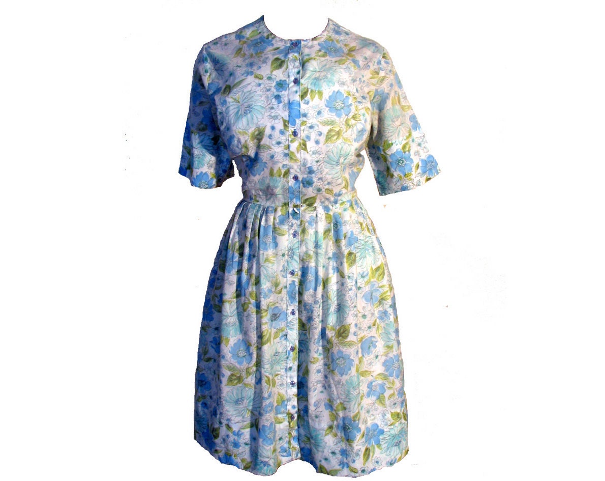 50s 60s Dress  / 60s Cotton Day Dress / Blue Floral Vintage Dress  Size S / M
