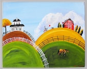 Hilly Happiness 16x20 Fall Original Folk Art Acrylic Painting with White House Brown Foal Horse Red Balloon Bicycle Barn Cat Country