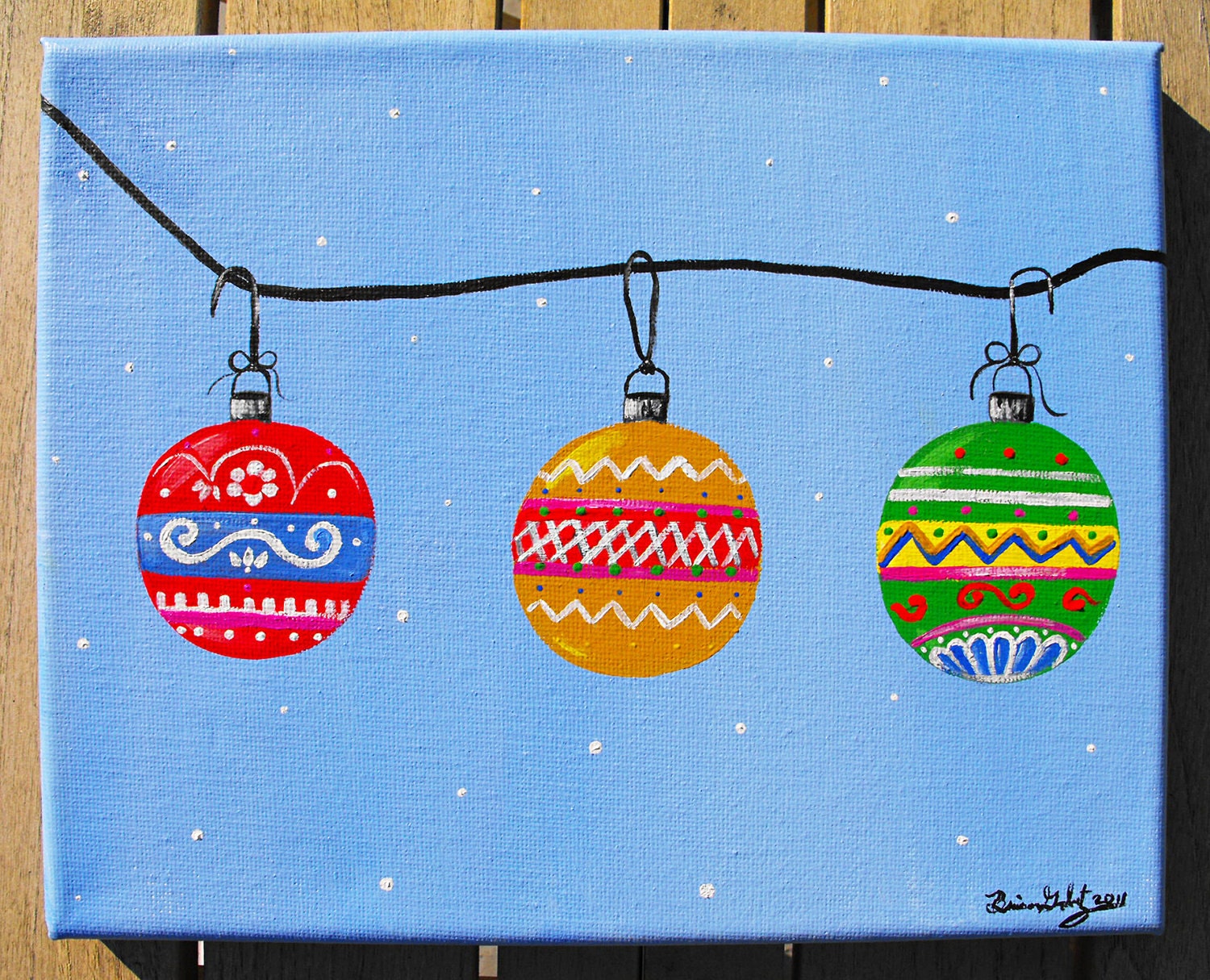 10x8 Original bulb ornament Folk Art Christmas Painting - Canada - red - blue - green - vintage ornament - gift wrapped