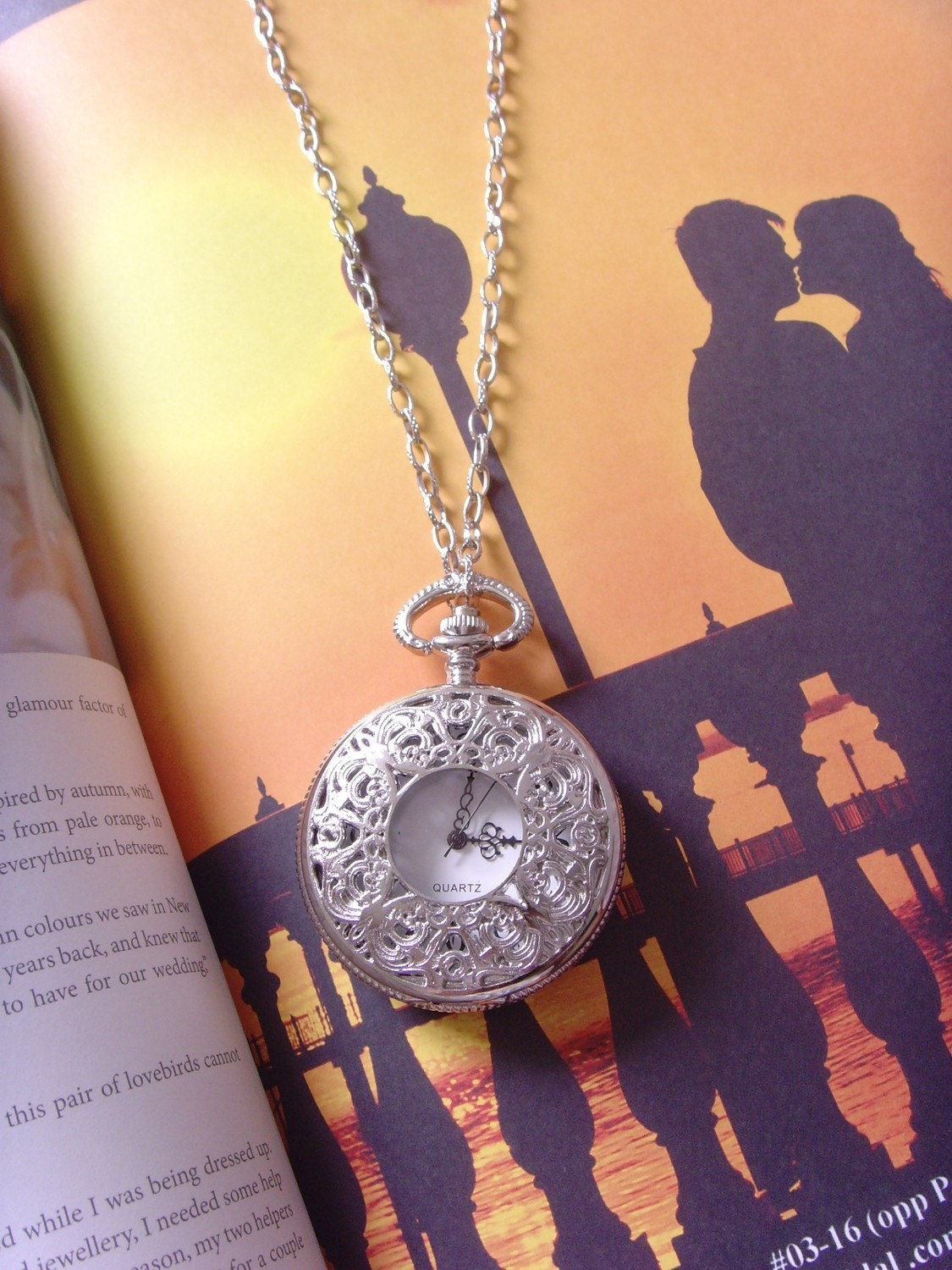 SALE victoria filigree floral silver plate pocket watch 28 inches necklace chain
