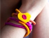 Fiber art bracelet necklace yellow purple with a felt button, summer fashion