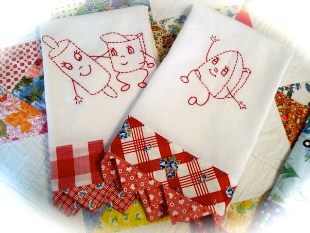 Reversible Vintage Style Red Checked Embroidered Dish Towels