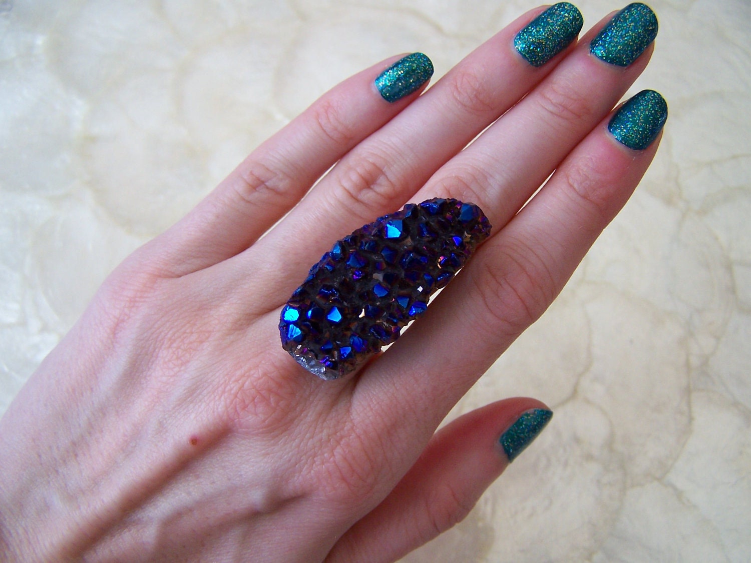 Natural Amethyst Titanium Druzy Ring - Indigo Drusy - Boho Statement Ring