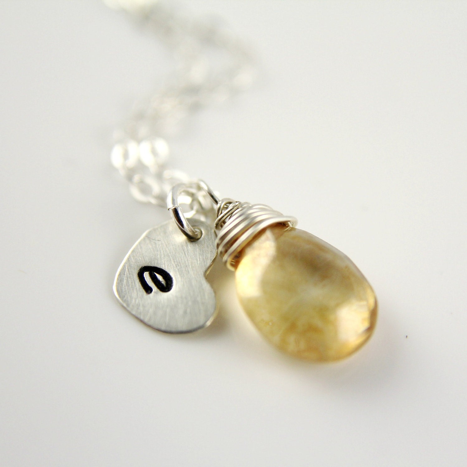 Mystic Quartz Briolette Wire Wrapped Monogram Necklace, Bridesmaids Gift, Wedding, Mothers Sterling Silver Heart Hand Stamped Initial Disc