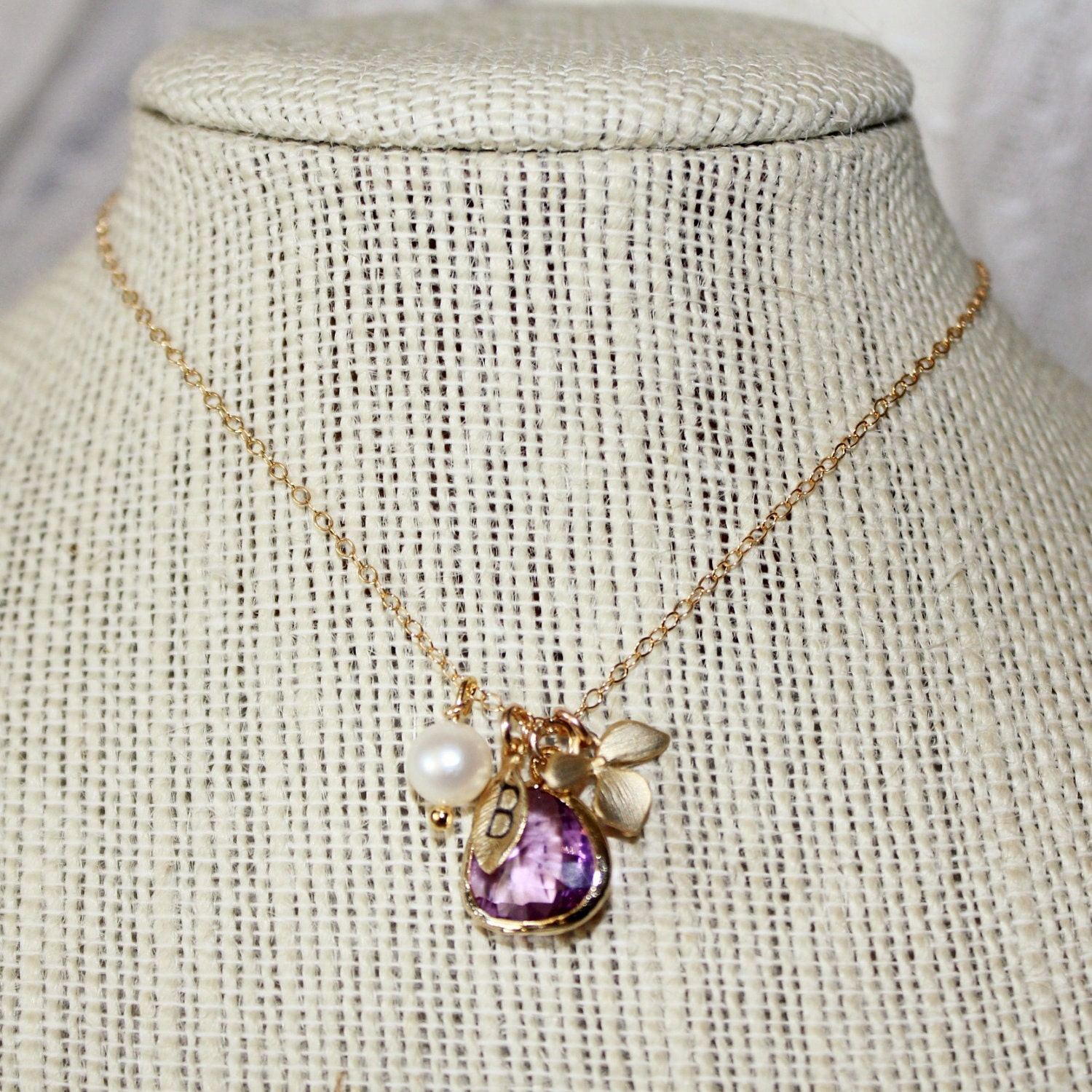 Customize Leaf Initial Orchid Necklace, Lilac Briolette, Freshwater Pearl, Monogram, Wedding, Personalized Gift, Bridesmaids, Valentines Da
