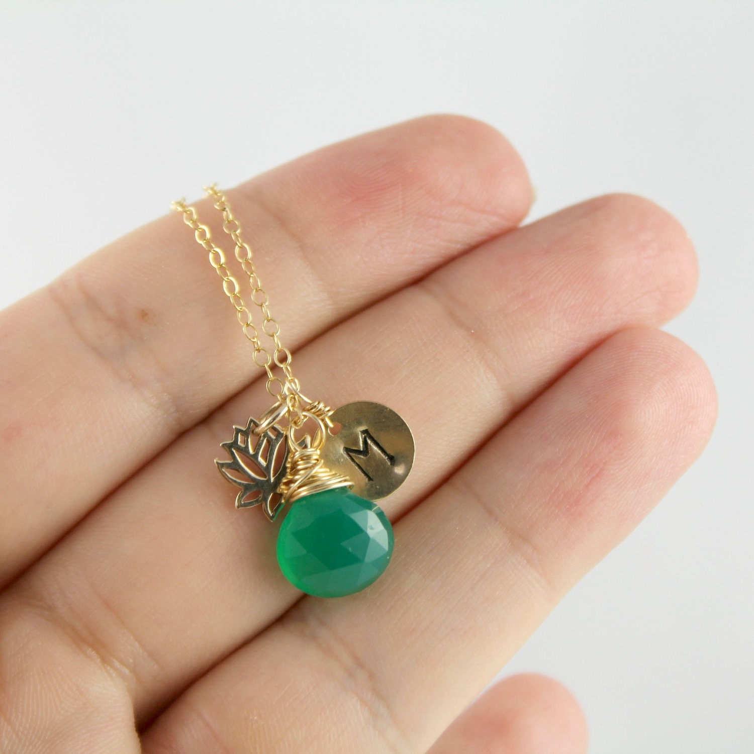 Personalized Lotus Initial Necklace, Monogram Necklace, Green Chalcedony Gemstone, Bridesmaids Gift, Wedding Jewelry, Custom Necklace, Gift