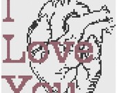 Cross stitch pattern Anatomical Heart Cross Stitch Pattern: I love you.