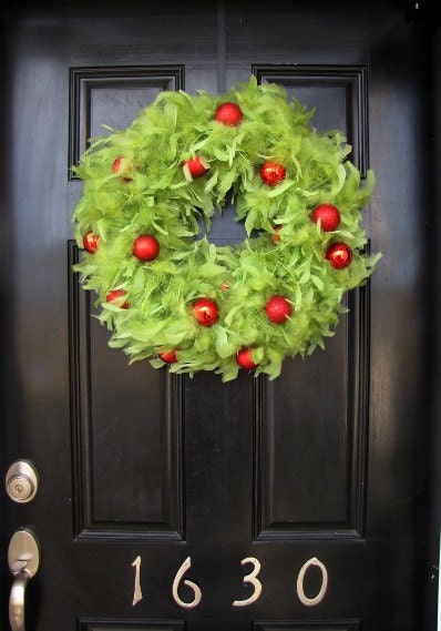 Christmas Wreath - Lime Green Feather Wreath with Red Ornaments