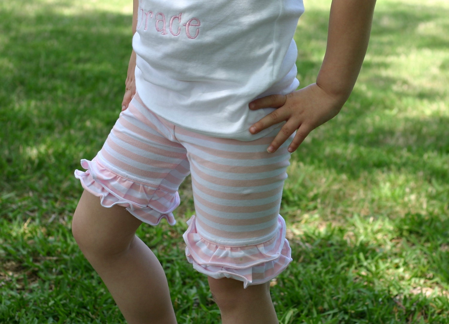 pink and white stripe knit double ruffle shorts shorties sizes 12m - 8 girls