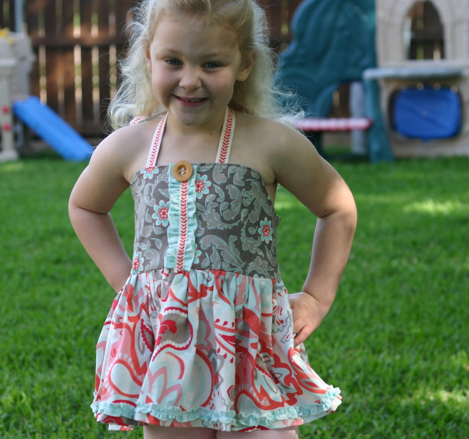 Boutique style halter tie top ruffles Riley Blake vintage look fabrics sizes 18m - 8 girls peach, cream, turquoise