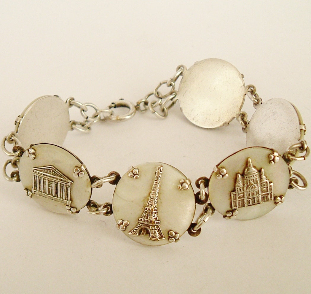 Vintage French Paris Eiffel tower bracelet in silver and mother of pearl