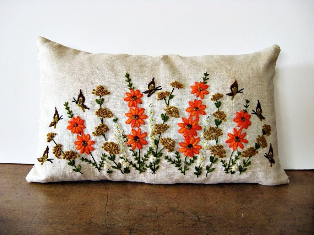 RESERVED for Littlechrissy   ////////   Linen & Crewel Stitched Lumbar Pillow