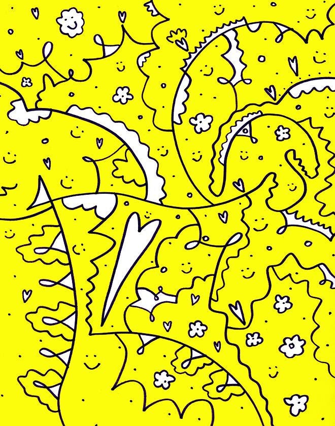 A Beautiful Day Spent With You - 11x14 Modern, Abstract, Happy, Cheerful, Lovely, Bright, Yellow, Purple, Flowers, Hearts, Fun, Art Print