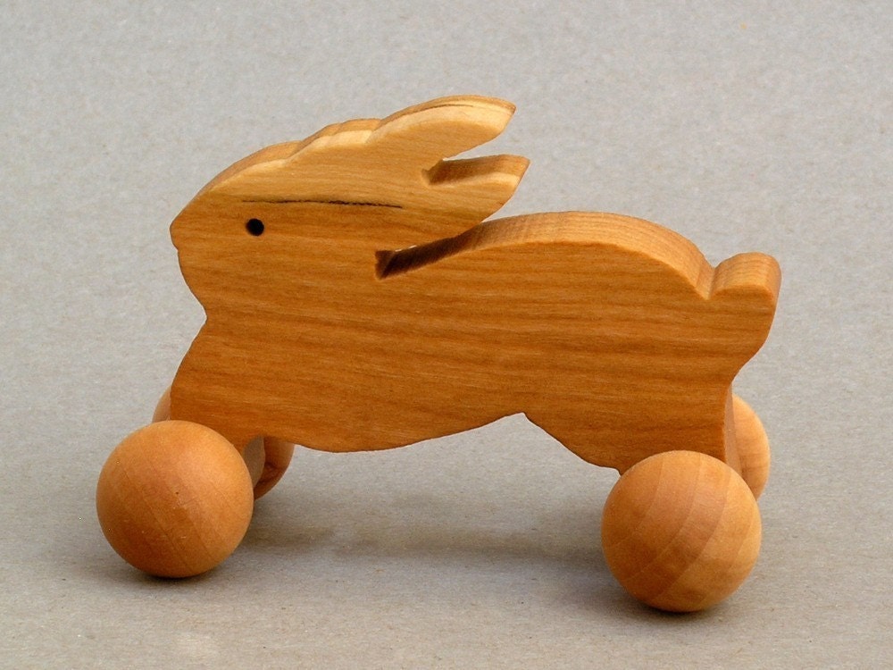 Rabbit Toy on Wheels  Wooden Block Animal for Children  Woodland Party Favor for Kids