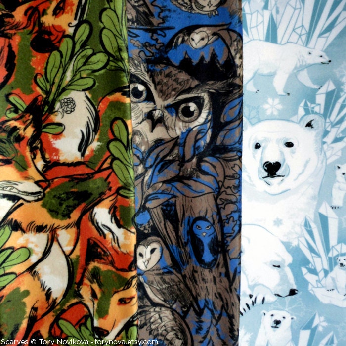 Set of 3 Scarves featuring Owls, Foxes, and Polar Bears