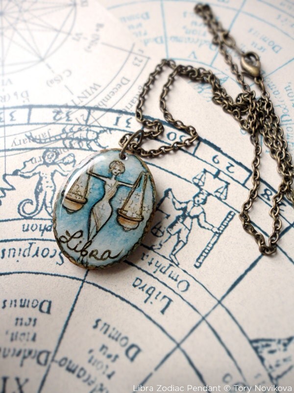 Libra Birthday, The Painted Zodiac Pendant and Brass Chain