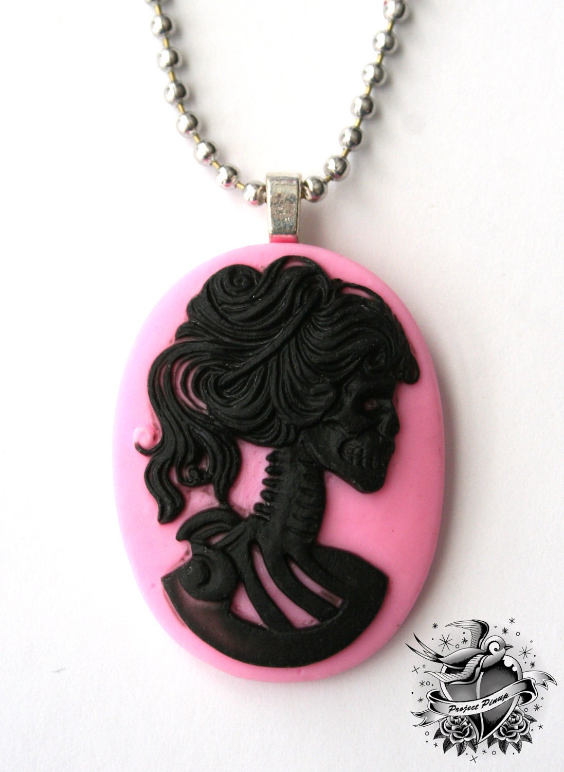 The Lady of Death- Pink and Black Skeleton Cameo Necklace JUST 5 BUCKS