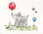 Elephant Nursery Art- Ellie's Red Balloon - 5X7 Archival PRINT for Baby or Children