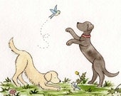 Puppy Dog Nursery Art- 5x7 Archival Print- Black Lab and Golden Retriever Chasing Birds