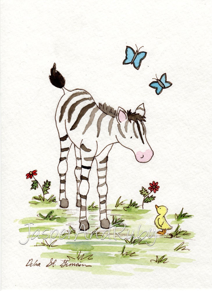 Zebra Nursery Art- 8x10 Archival Print- Baby Zebra's New Friend - Jungle Safari Nursery Wall Art