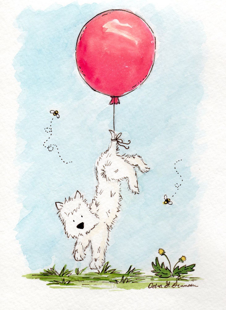 Westie Dog Children's Wall Art- Carried Away Westie- 5x7 Archival PRINT- Terrier with Red Balloon
