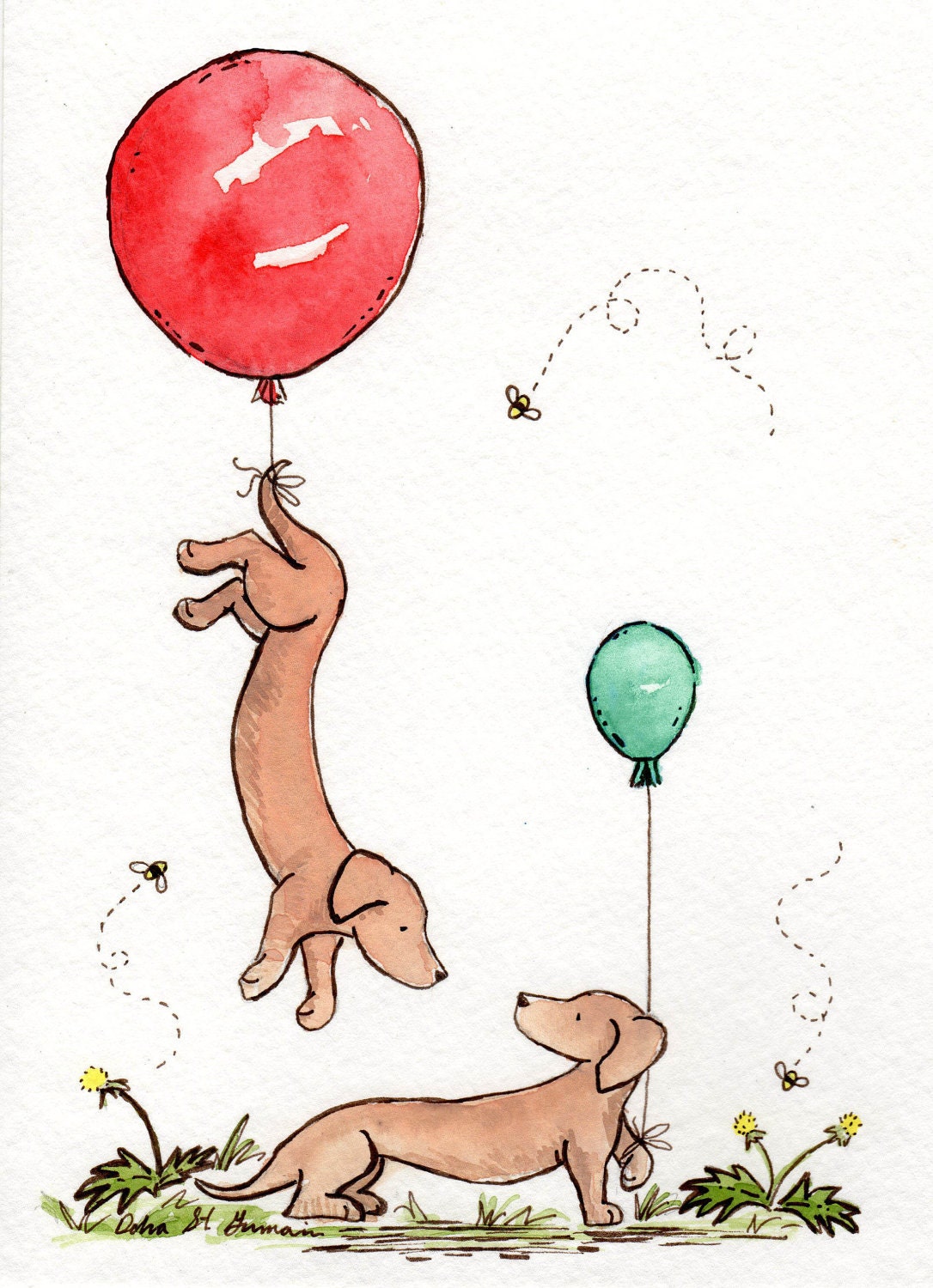 Dachshund Nursery Art- Up and Away 5x7 Archival Print for Baby and Children- Two Dachshunds with Red and Green Balloons-