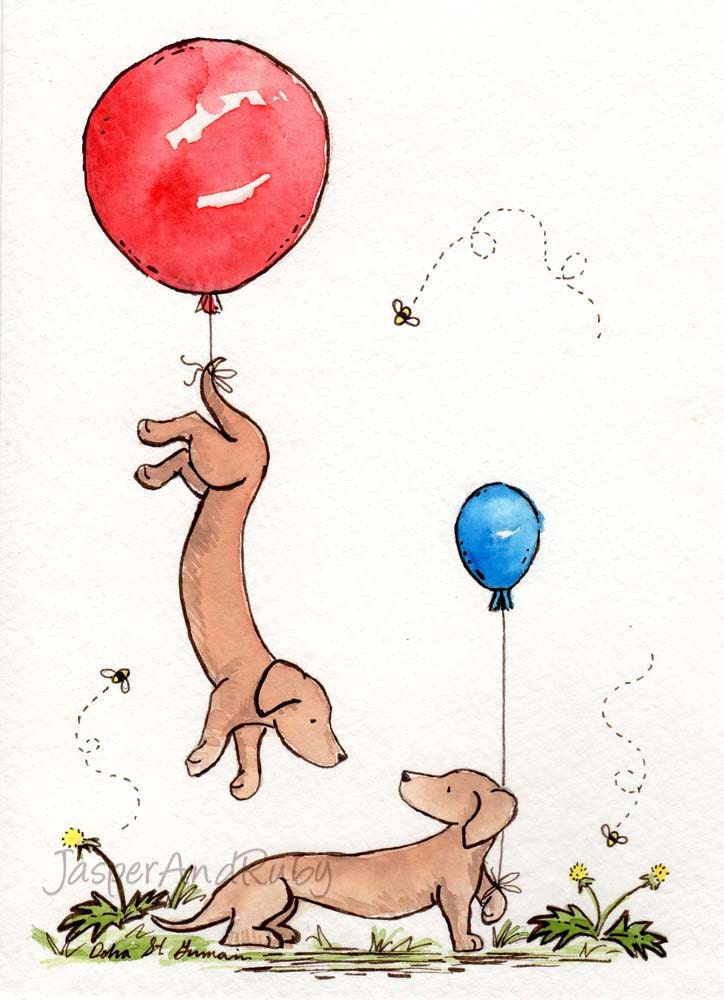 Dachshund Art Print- Up and Away- 5X7 Archival Print- Two Dachshunds with Balloons- Nursery Wall Art