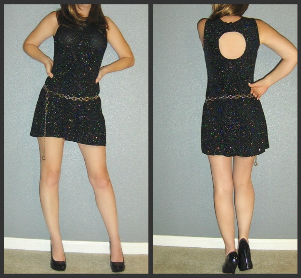 XS S Vtg 80s Metalic Sparkle Stretch Keyhole Cut Out Back Mod A Line MINI Dress Tunic