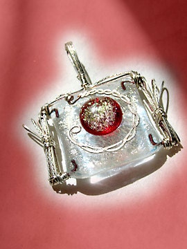 Snow White Dichroic Fused Glass Pendant with Red Dichroic Center