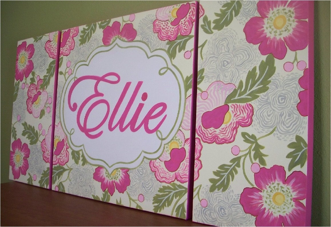 large modern nursery art- personalized triptych painting- name monogram initials- M2M decor- pink green flowers