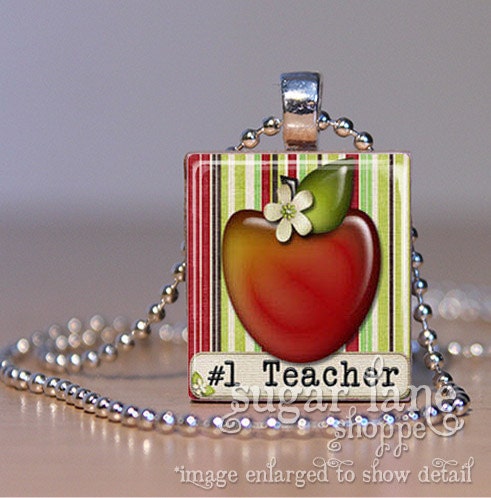 No. 1 Teacher Necklace - (Apple, Red, Green, Brown) - Scrabble Tile Pendant with Chain - SugarLaneShoppe
