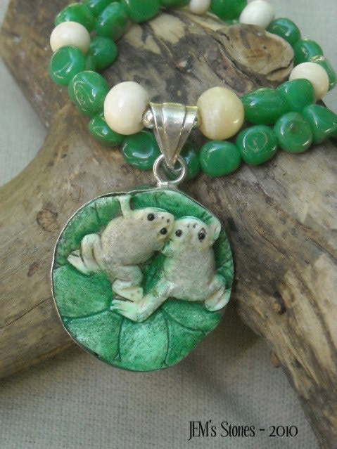 Love on a Lilypad - Chrysoprase and Carved Bone Frogs Necklace