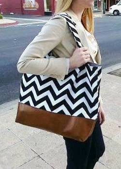 Slouchy Black and White Chevron diaper bag made with leather bottom, tote bag in black with leather, market Bag, Purse, Zig Zag, Leather