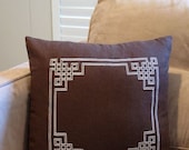 Chocolate Brown fretwork pillow, embroidered on linen