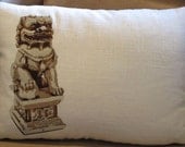 Foo Dog pillow facing left, embroidered on linen