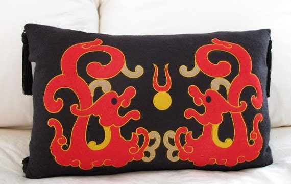 Chinese dragon pillow with applique and embroidery, wool/rayon felt blend