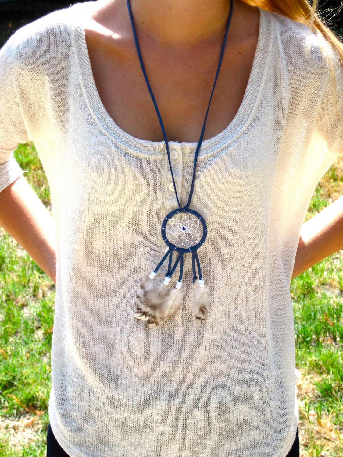 Blue with White Beads Dreamcatcher Necklace