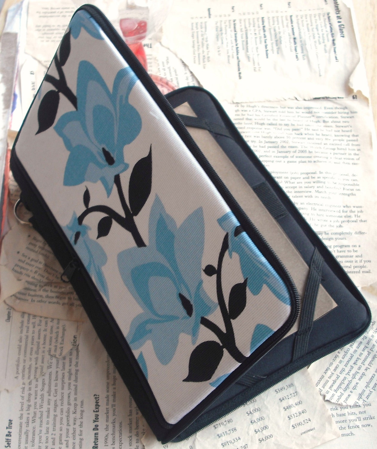 full zipper close (FREE personalization) HARD CASE - kindle/ nook/ other - blue flowers