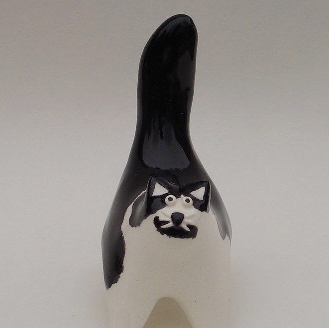 ceramic cat, black and white miniature