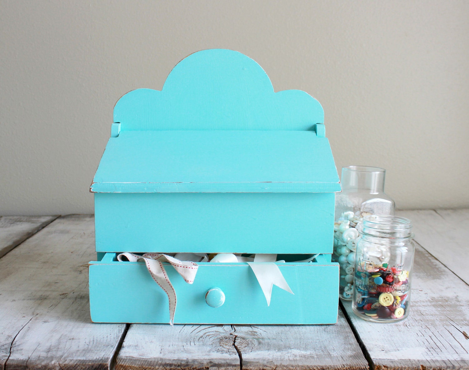 Vintage aquamarine wood storage box with drawer