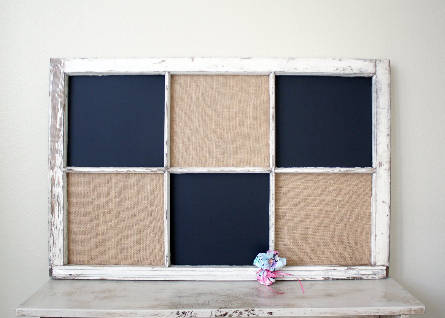 Reserved - Vintage repurposed window magnetic chalkboard and burlap covered cork board