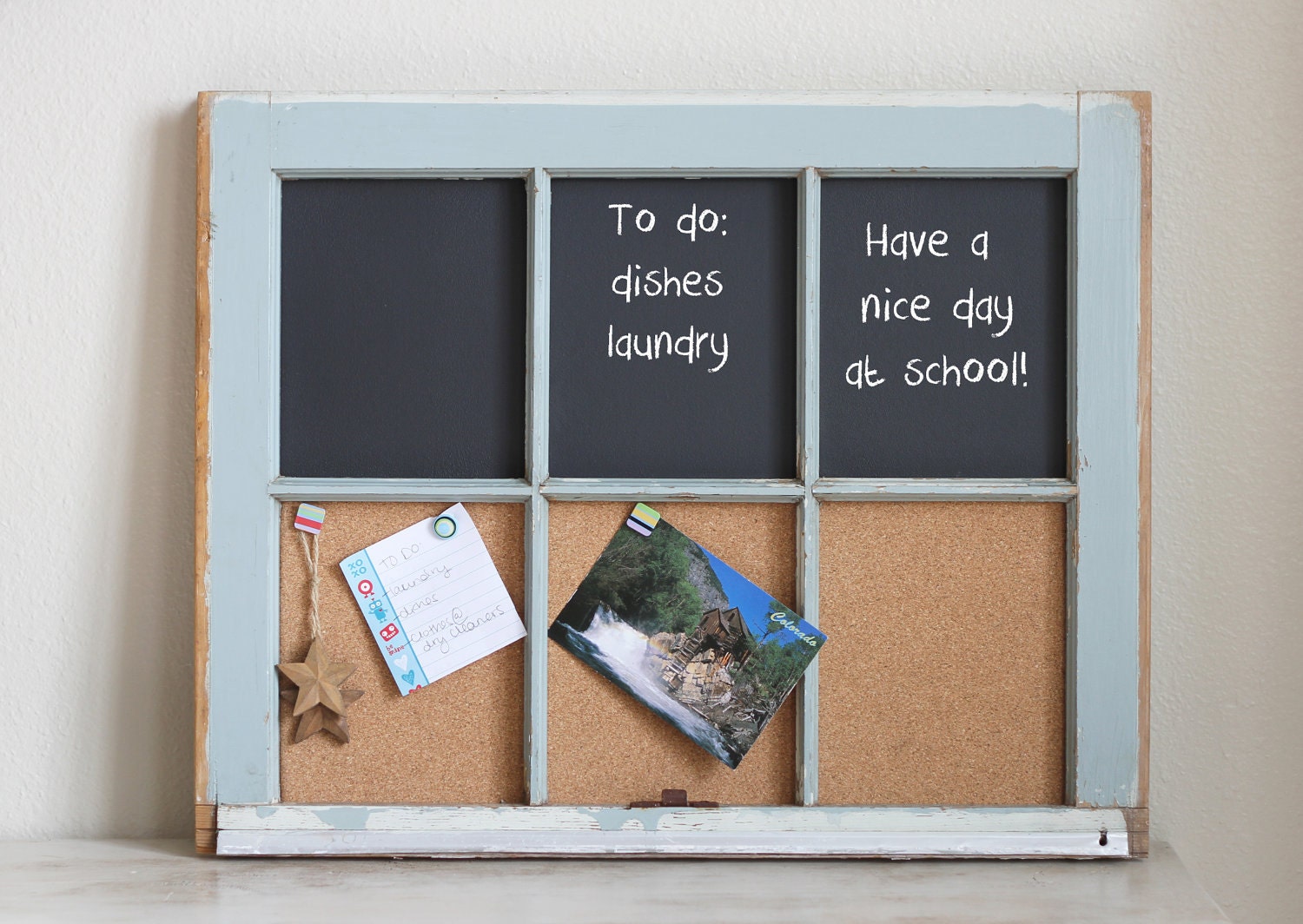 Vintage repurposed window chalkboard and cork board
