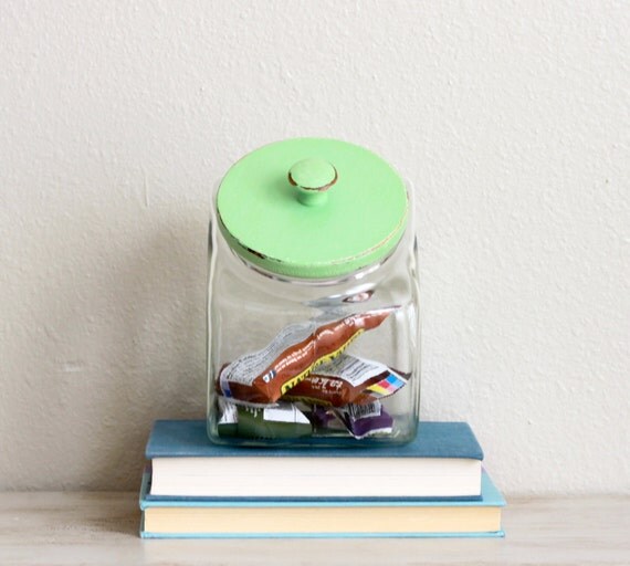 Reserved Sale Vintage glass jar, with mint green lid