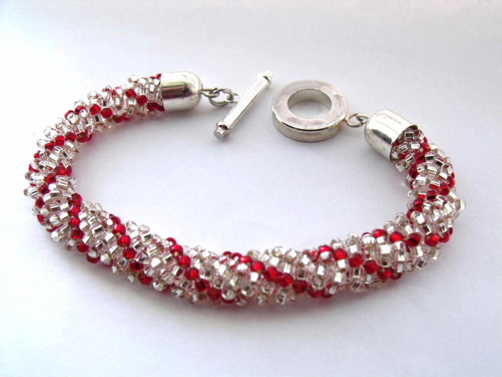 Spiral beadwork bracelet silver & ruby red seed bead woven jewelry