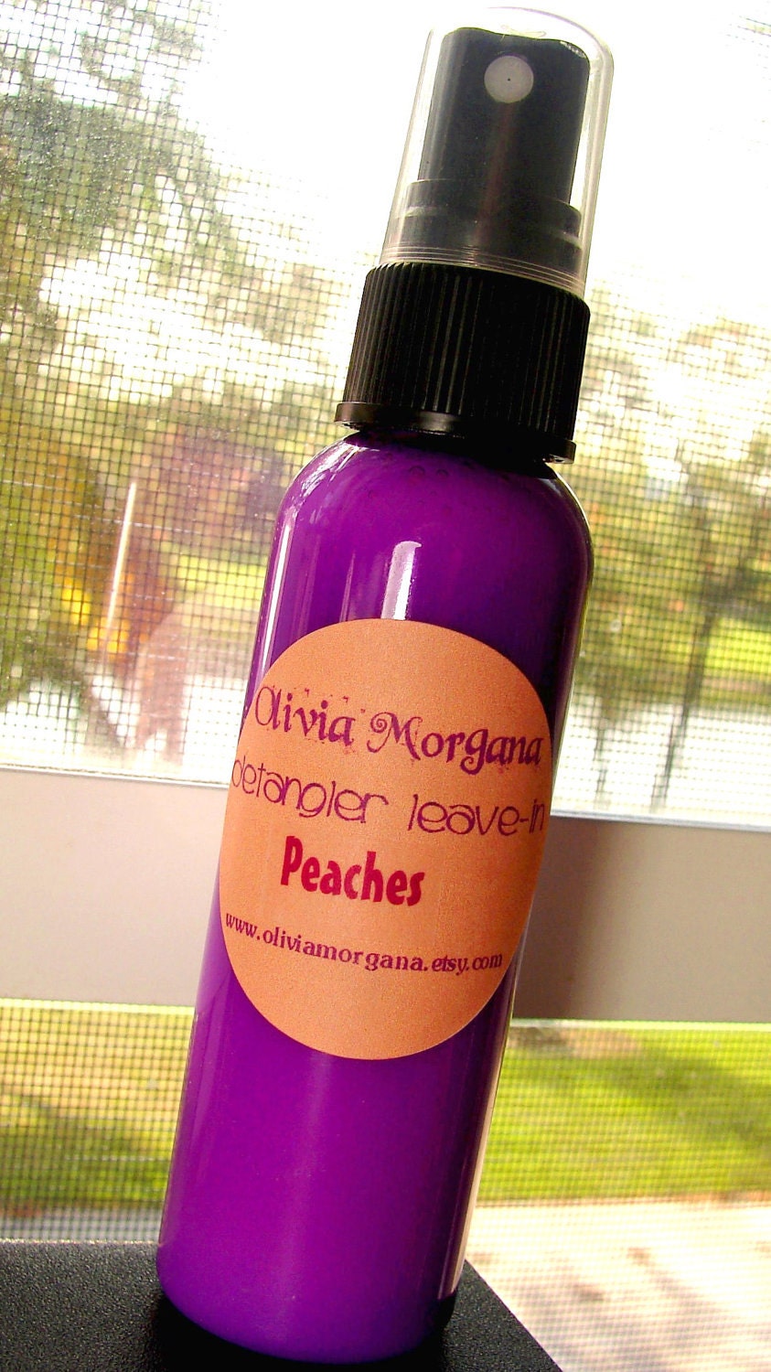 PEACHES Hair Detangler Leave In. Scented, fragrant, natural, vegan. Paraben and Alcohol free. 96% Organic. Olivia Morgana.