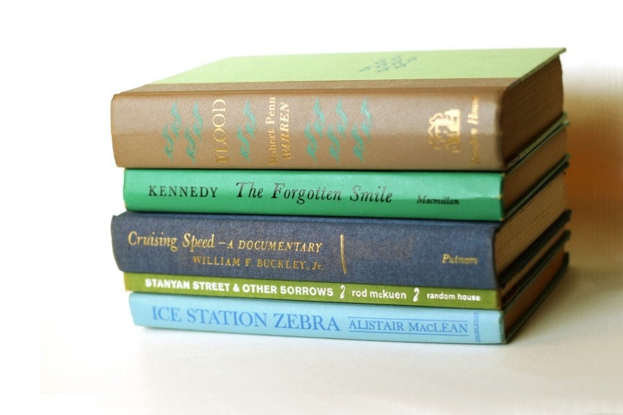Vintage Books, Five Hardcover, Green Blue Hues, cool water interior design colors - Instant Collection (5)