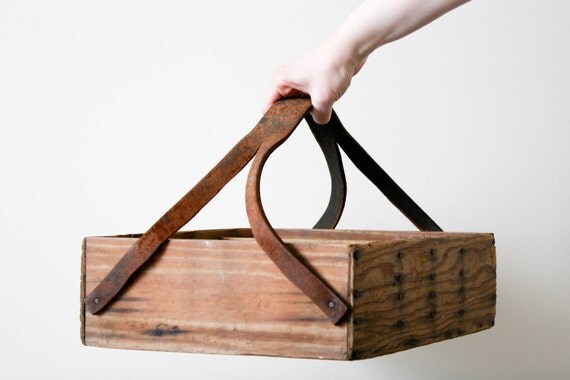 Vintage Handmade Wood Tote with Leather Strap
